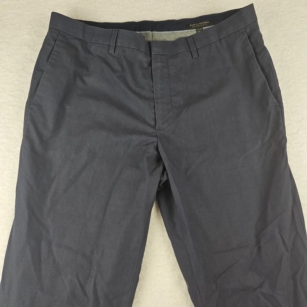 Banana Republic Non-Iron Slim Fit Pants Navy Cotton Trousers 33x32 Check Wrinkle